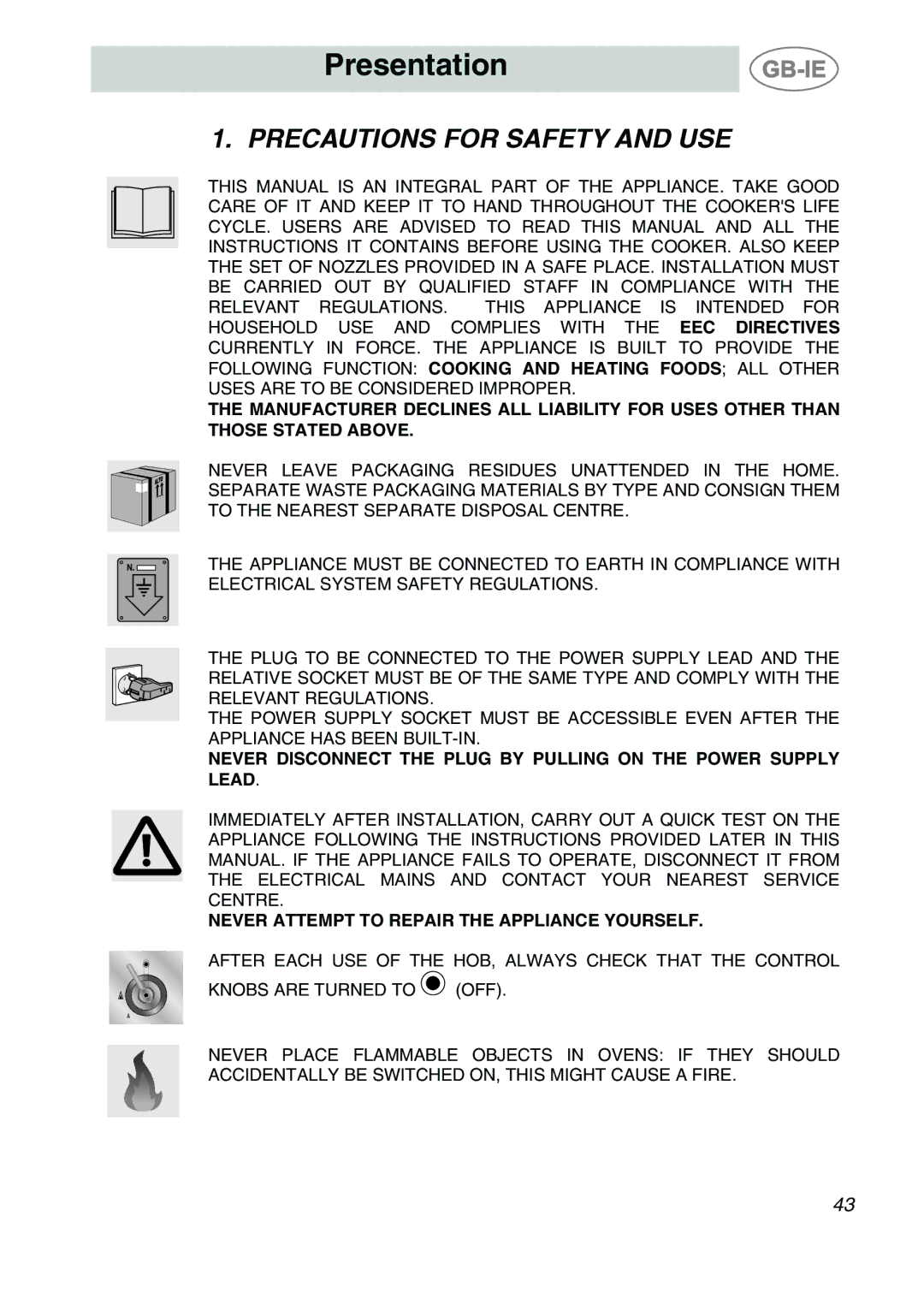 Smeg A2PY-6 manual Presentation, Precautions for Safety and USE 