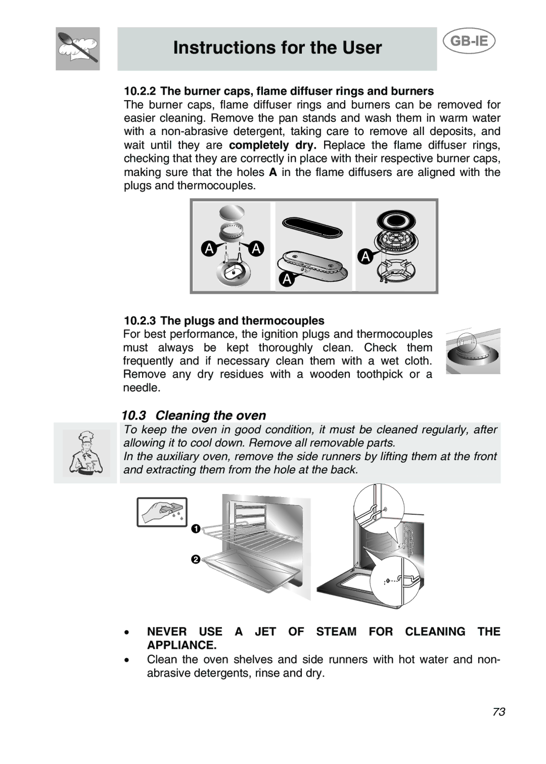 Smeg A2PY-6 manual Cleaning the oven, Burner caps, flame diffuser rings and burners, Plugs and thermocouples 