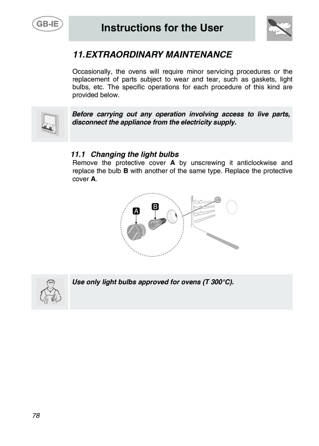 Smeg A2PY-6 manual Extraordinary Maintenance, Changing the light bulbs 