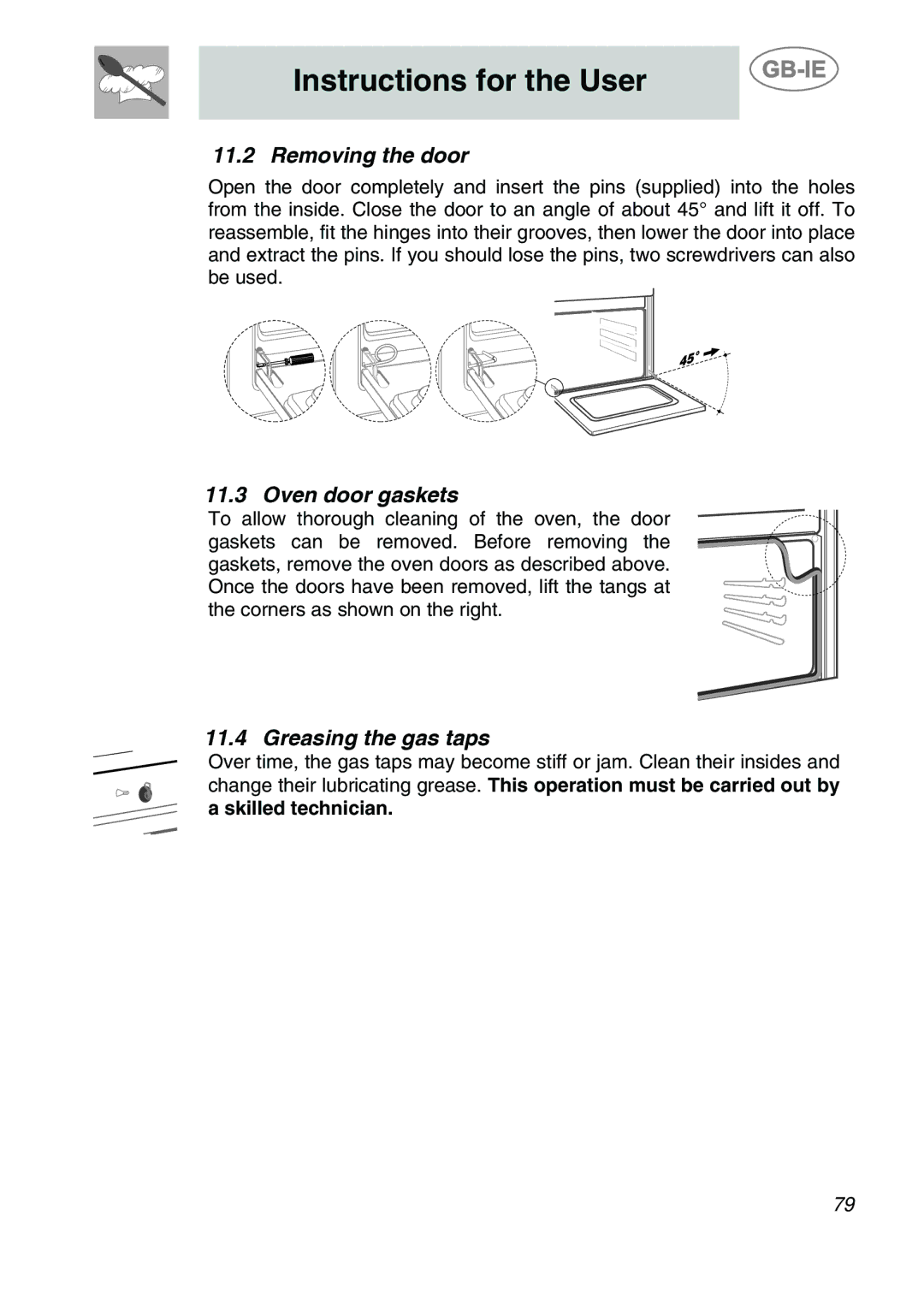 Smeg A2PY-6 manual Removing the door, Oven door gaskets, Greasing the gas taps 