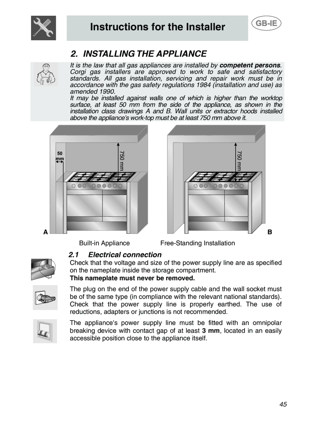 Smeg A2PY-6 manual Installing the Appliance, Electrical connection, This nameplate must never be removed 