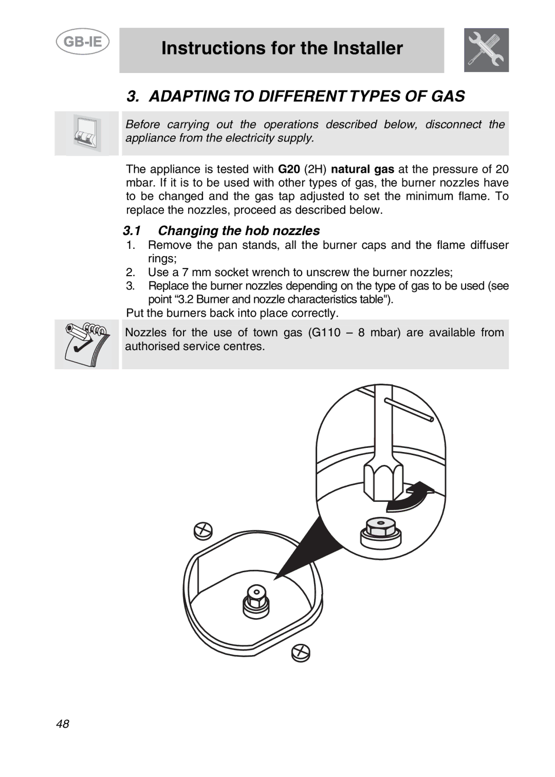 Smeg A2PY-6 manual Adapting to Different Types of GAS, Changing the hob nozzles 