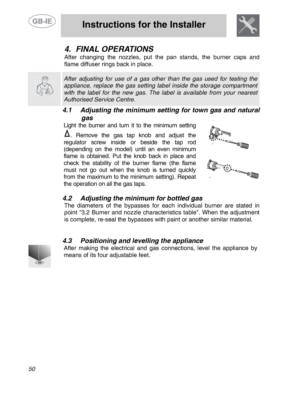 Smeg A2PY-6 manual Final Operations, Adjusting the minimum setting for town gas and natural Gas 