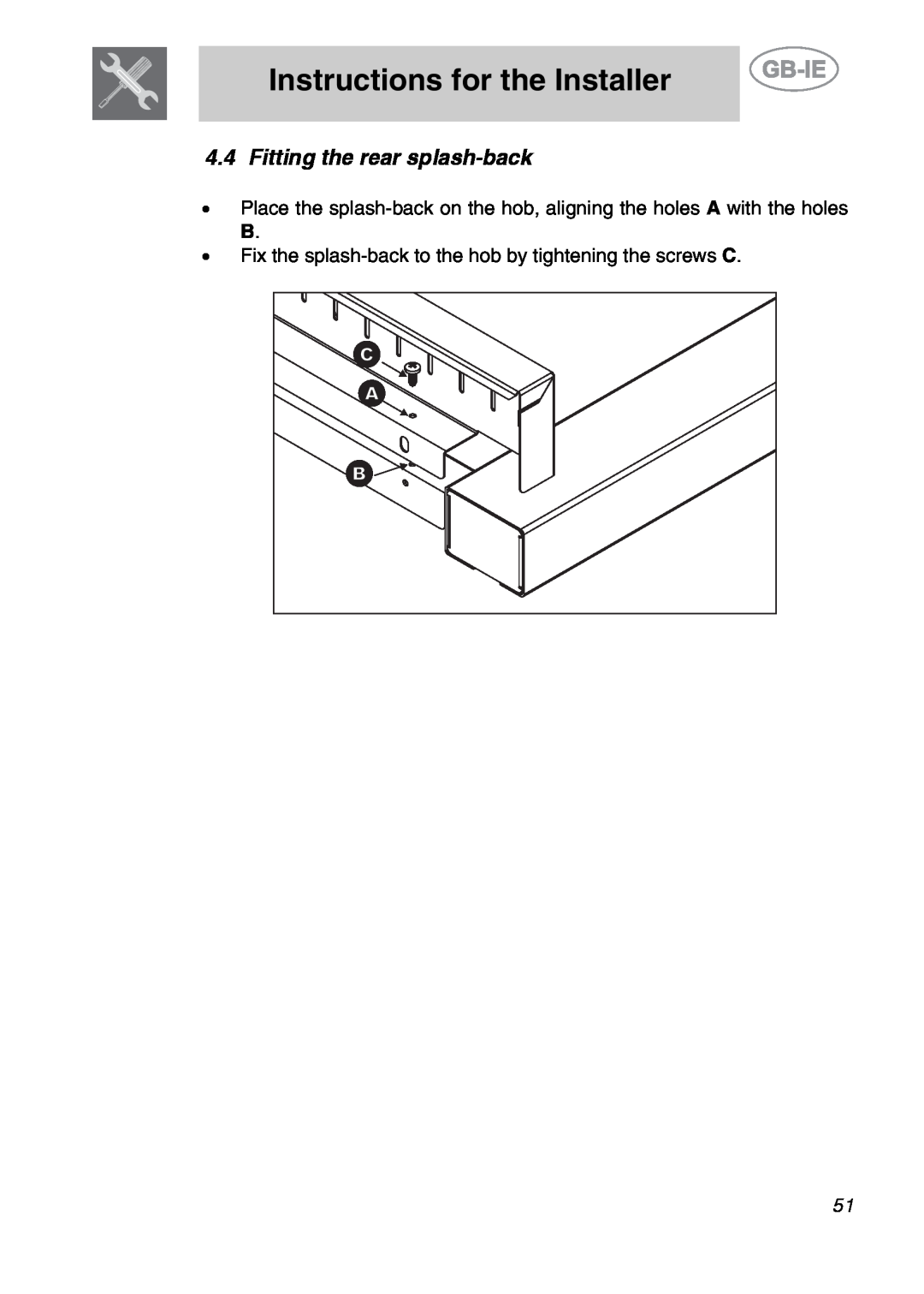 Smeg A2PY-6 manual Fitting the rear splash-back, Instructions for the Installer 