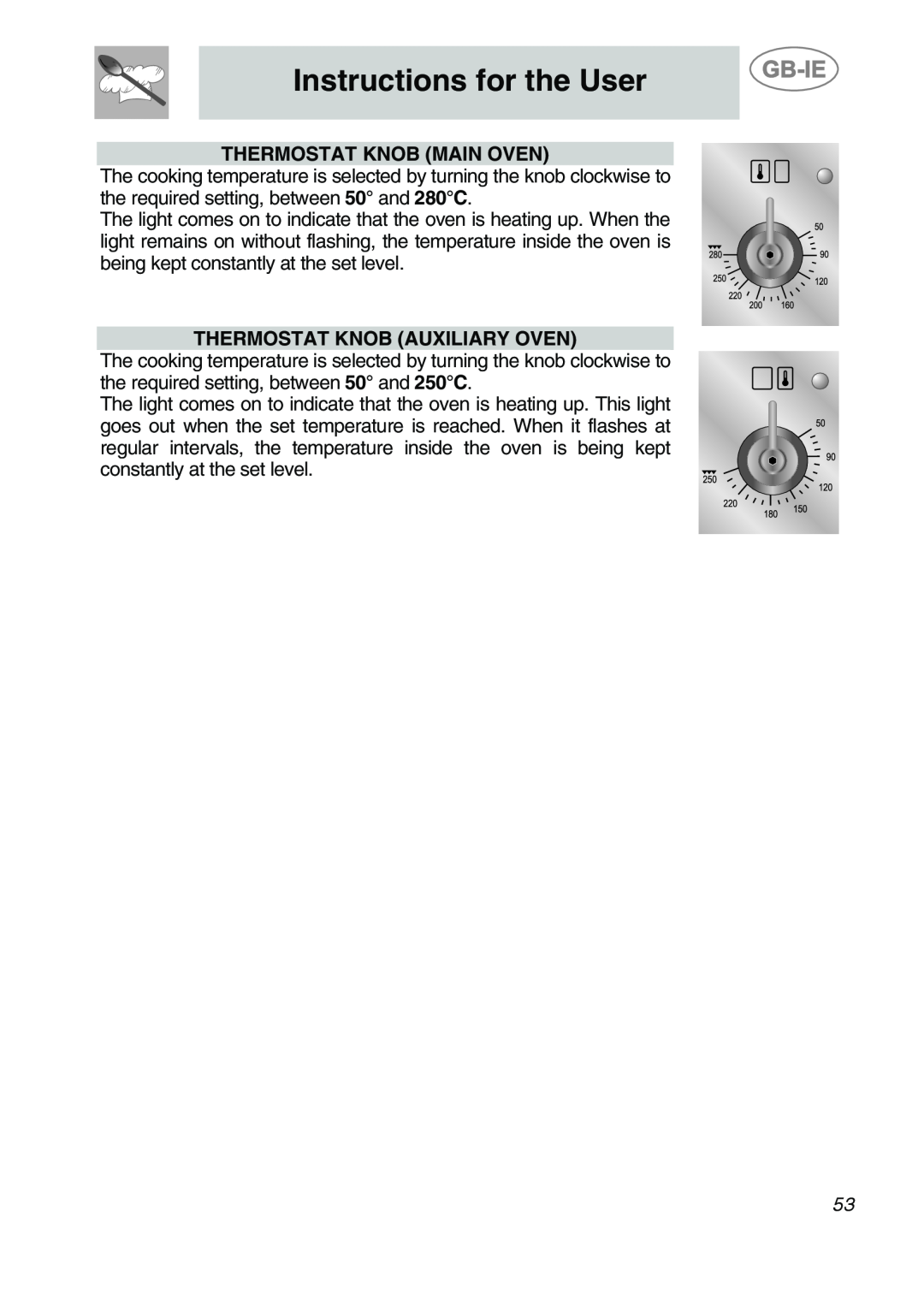 Smeg A2PY-6 manual Instructions for the User, Thermostat Knob Main Oven, Thermostat Knob Auxiliary Oven 