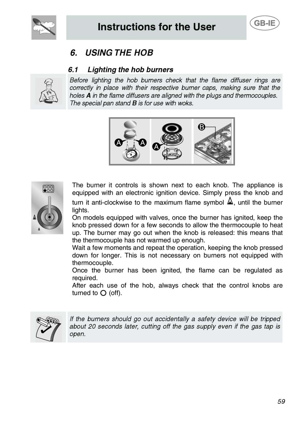Smeg A2PY-6 manual Using The Hob, Lighting the hob burners, Instructions for the User 