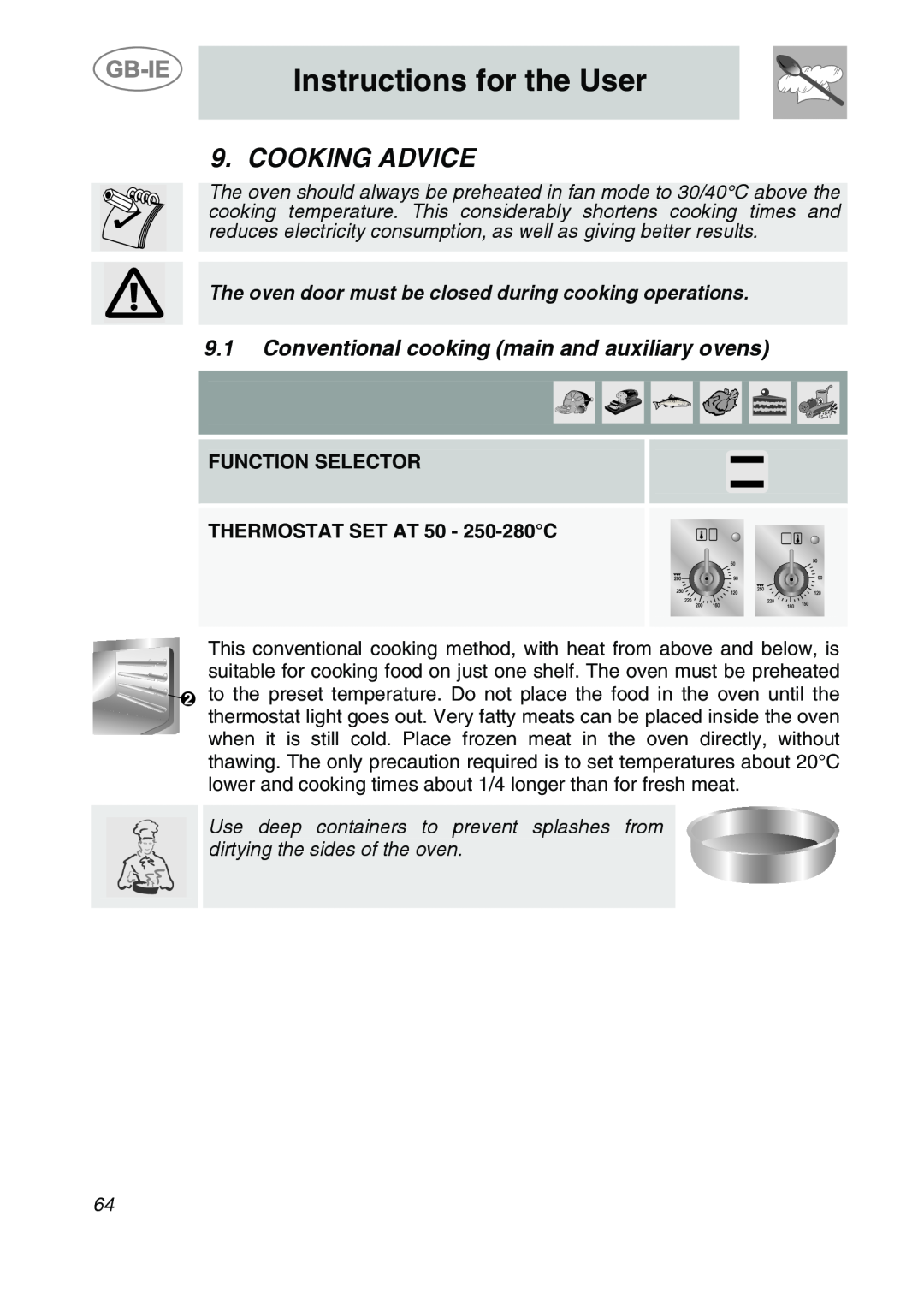 Smeg A2PY-6 manual Cooking Advice, Conventional cooking main and auxiliary ovens, Instructions for the User 