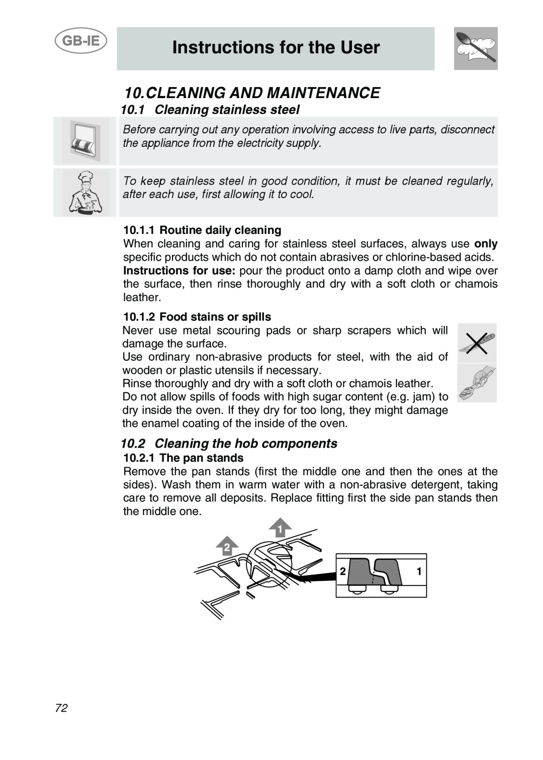 Smeg A2PY-6 Cleaning And Maintenance, Cleaning stainless steel, Cleaning the hob components, Instructions for the User 