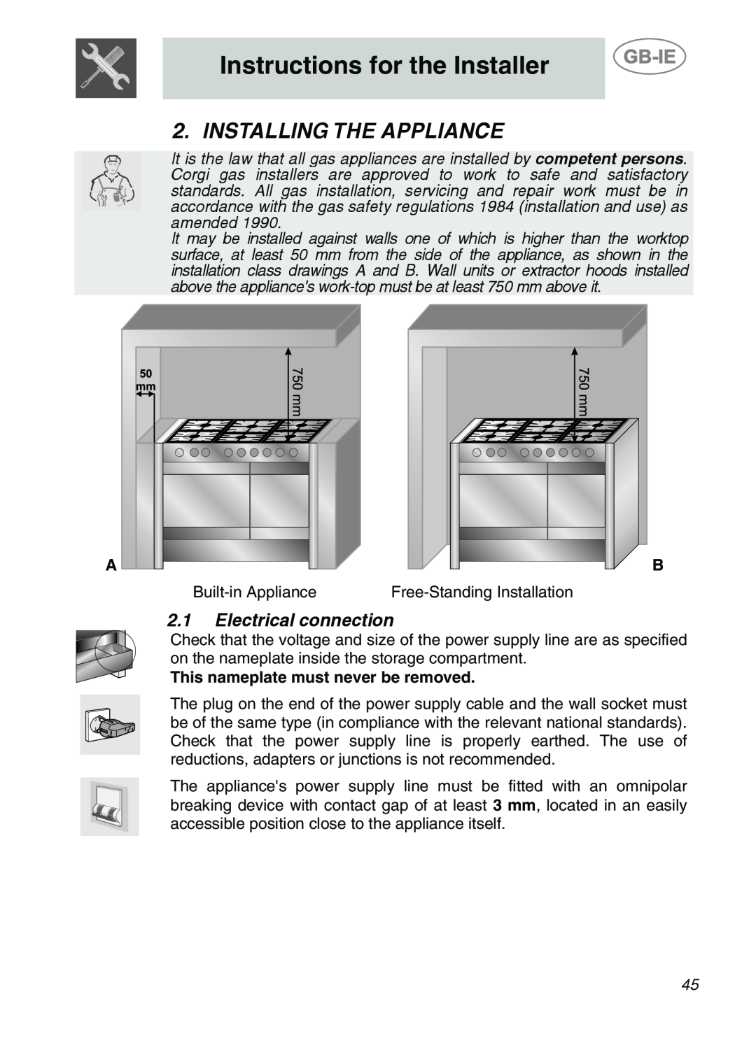 Smeg A2PY-6 manual Instructions for the Installer, Installing The Appliance, Electrical connection 