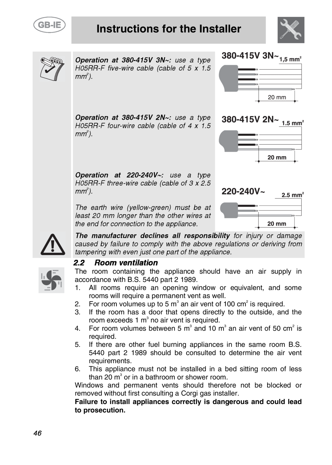Smeg A2PY-6 manual Room ventilation, Instructions for the Installer 