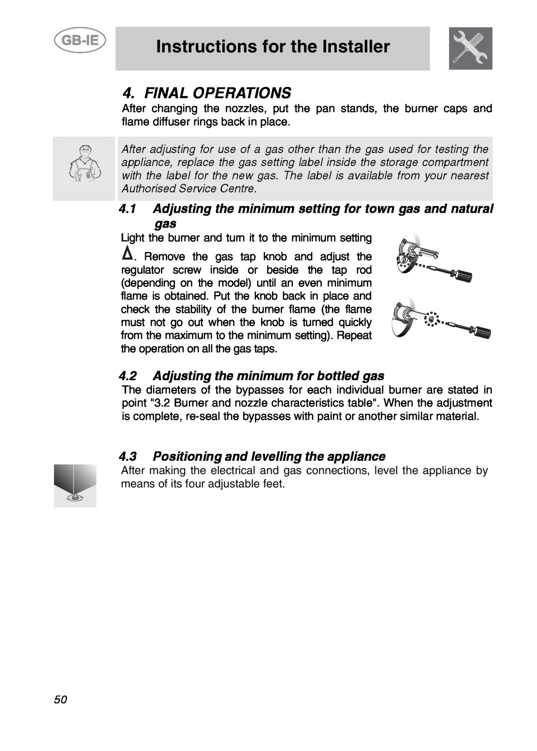Smeg A2PY-6 Final Operations, Adjusting the minimum setting for town gas and natural gas, Instructions for the Installer 