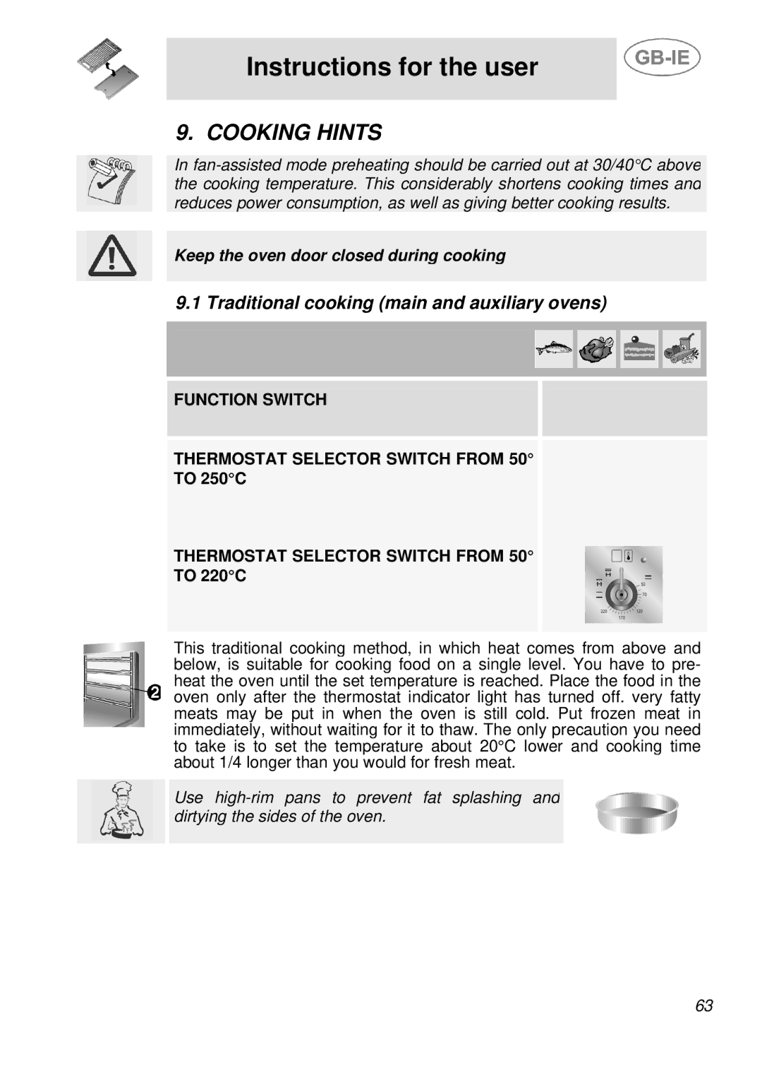 Smeg A3A-5 Cooking Hints, Traditional cooking main and auxiliary ovens, Function Switch Thermostat Selector Switch from 