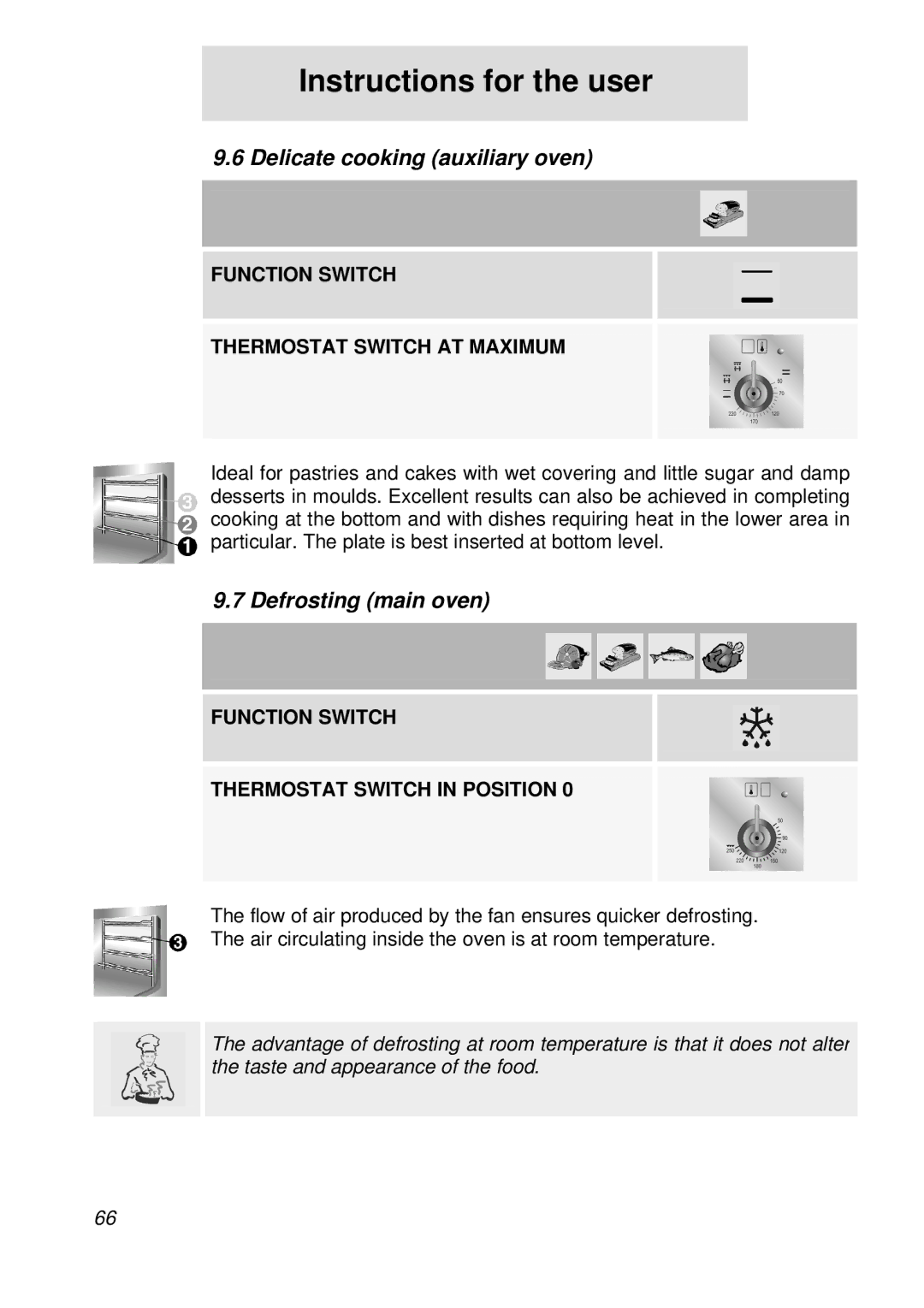 Smeg A3-5, A3A-5 manual Delicate cooking auxiliary oven, Defrosting main oven, Function Switch Thermostat Switch in Position 