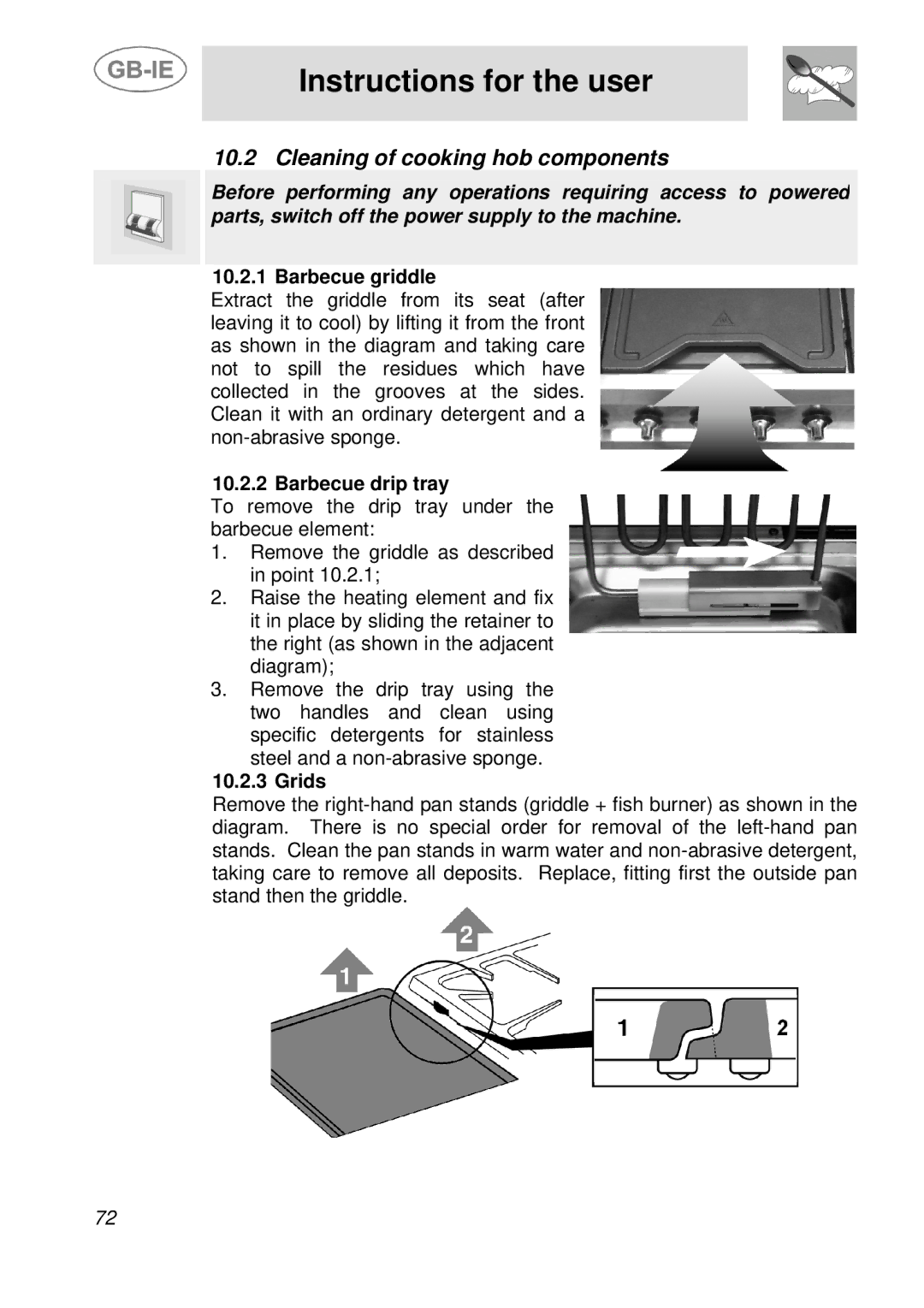 Smeg A3-5, A3A-5 manual Cleaning of cooking hob components, Barbecue griddle, Barbecue drip tray, Grids 