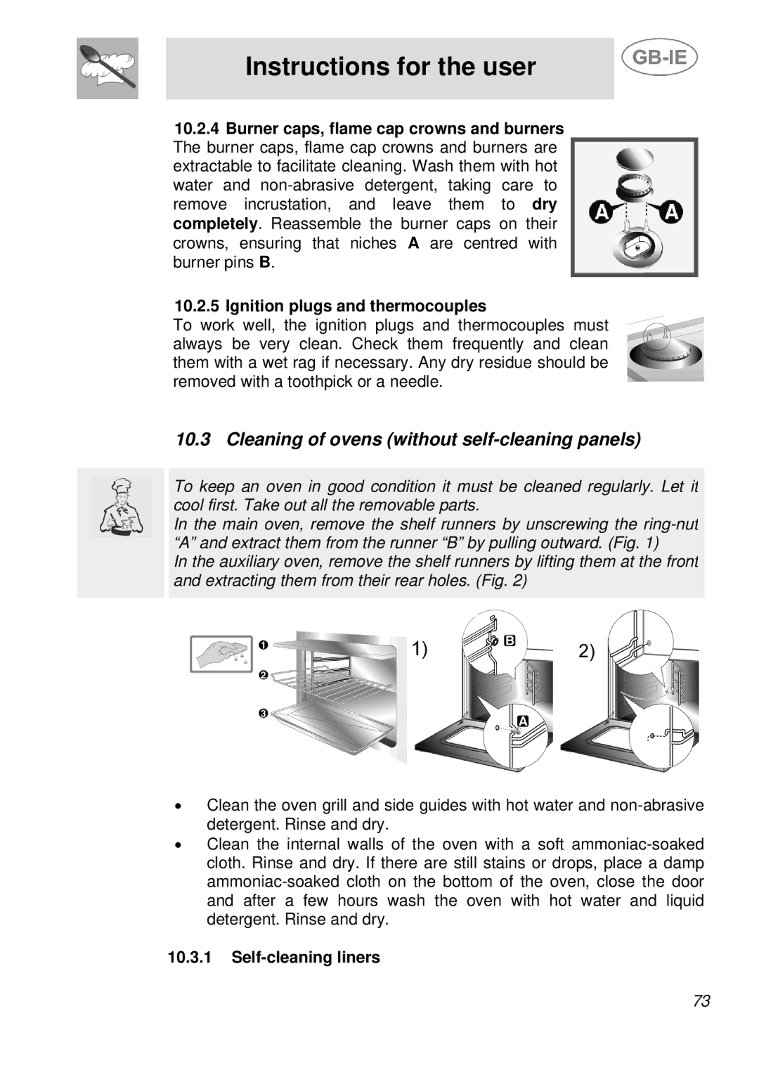 Smeg A3A-5, A3-5 manual Cleaning of ovens without self-cleaning panels, Self-cleaning liners 