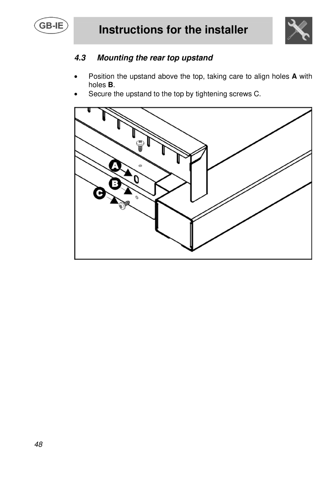 Smeg A3 manual Mounting the rear top upstand 