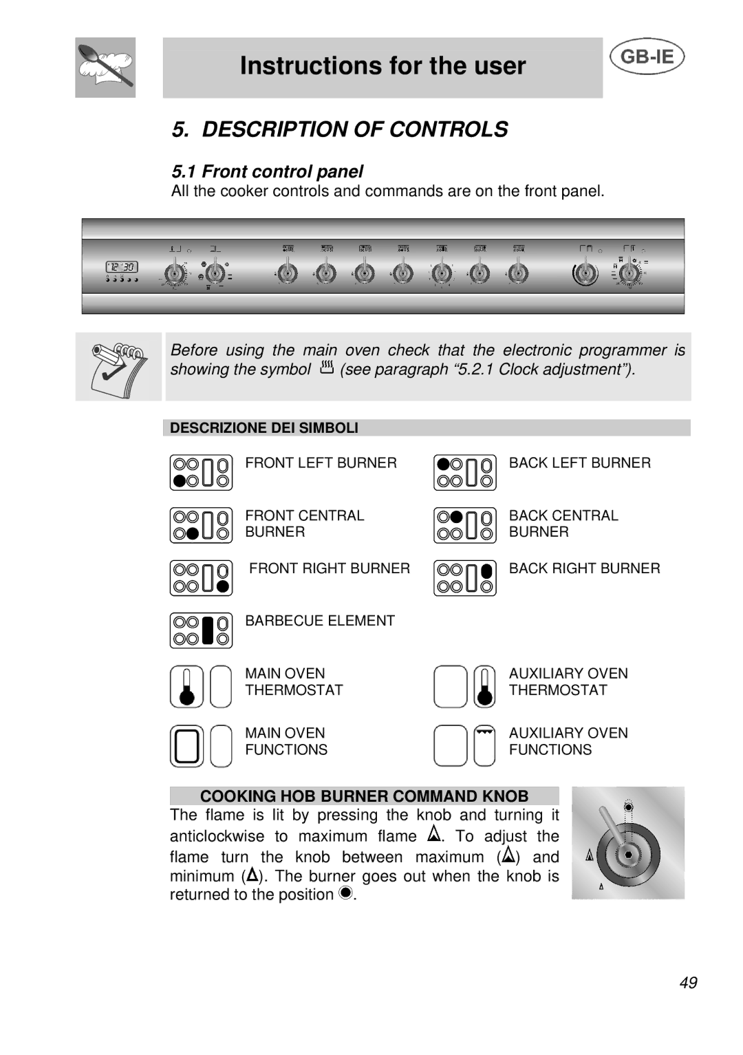 Smeg A3 manual Description of Controls, Front control panel, Cooking HOB Burner Command Knob 