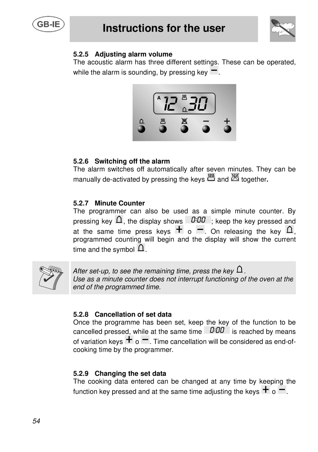 Smeg A3 Adjusting alarm volume, Switching off the alarm, Minute Counter, Cancellation of set data, Changing the set data 