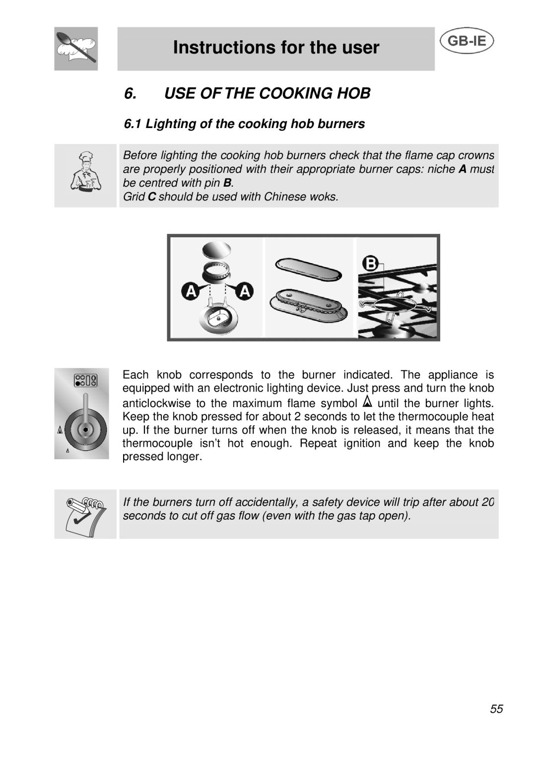 Smeg A3 manual USE of the Cooking HOB, Lighting of the cooking hob burners 