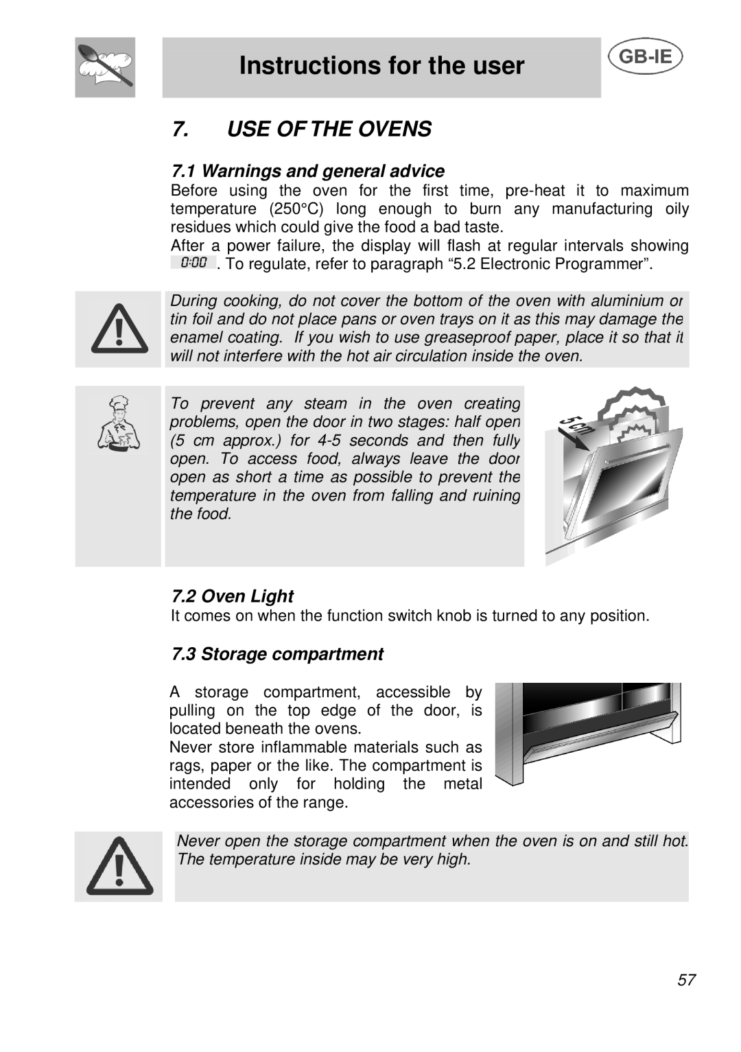 Smeg A3 manual USE of the Ovens, Oven Light, Storage compartment 