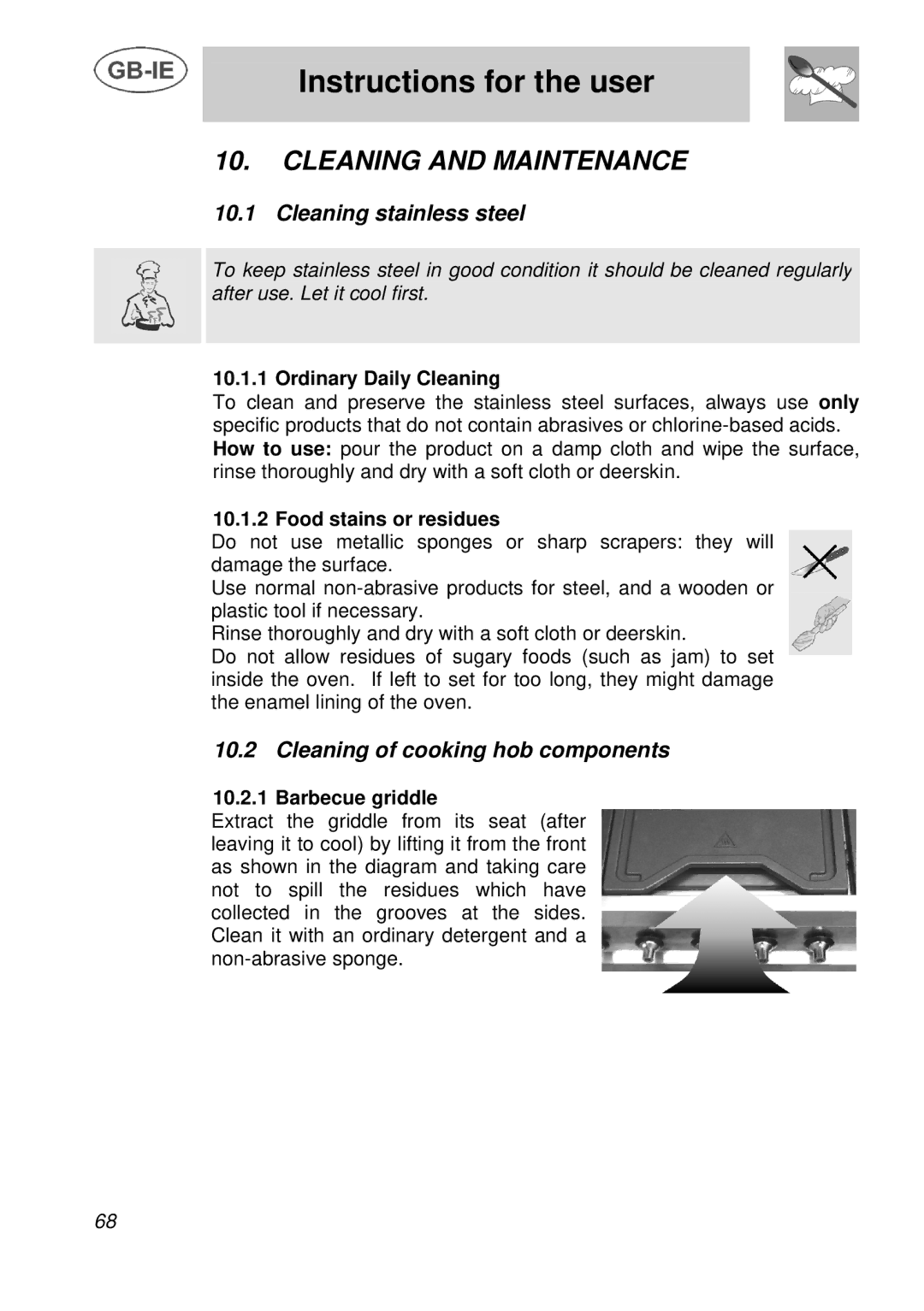 Smeg A3 manual Cleaning and Maintenance, Cleaning stainless steel, Cleaning of cooking hob components 