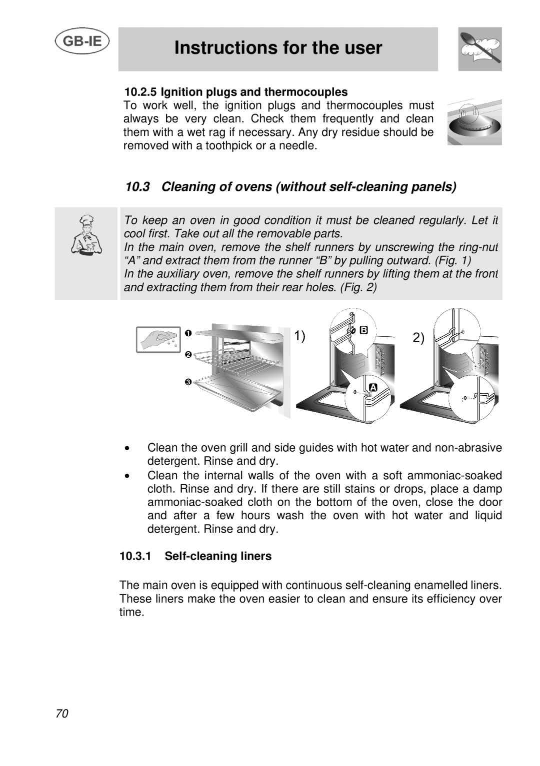 Smeg A3 manual Cleaning of ovens without self-cleaning panels, Ignition plugs and thermocouples, Self-cleaning liners 