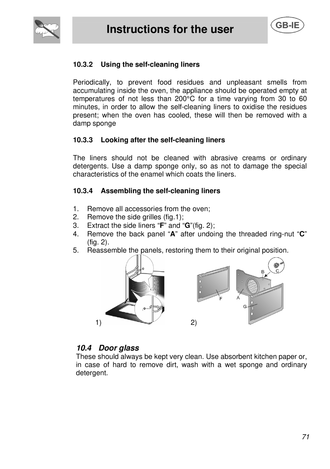 Smeg A3 manual Door glass, Using the self-cleaning liners, Looking after the self-cleaning liners 