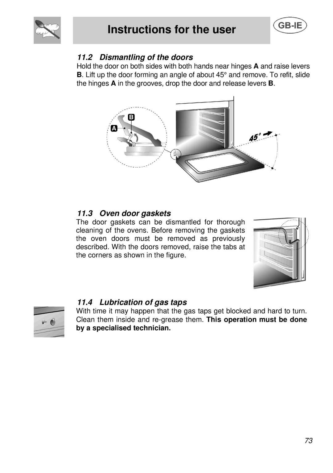 Smeg A3 manual Dismantling of the doors, Oven door gaskets, Lubrication of gas taps 