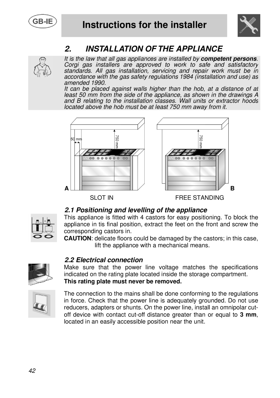 Smeg A3 manual Installation of the Appliance, Positioning and levelling of the appliance, Electrical connection 