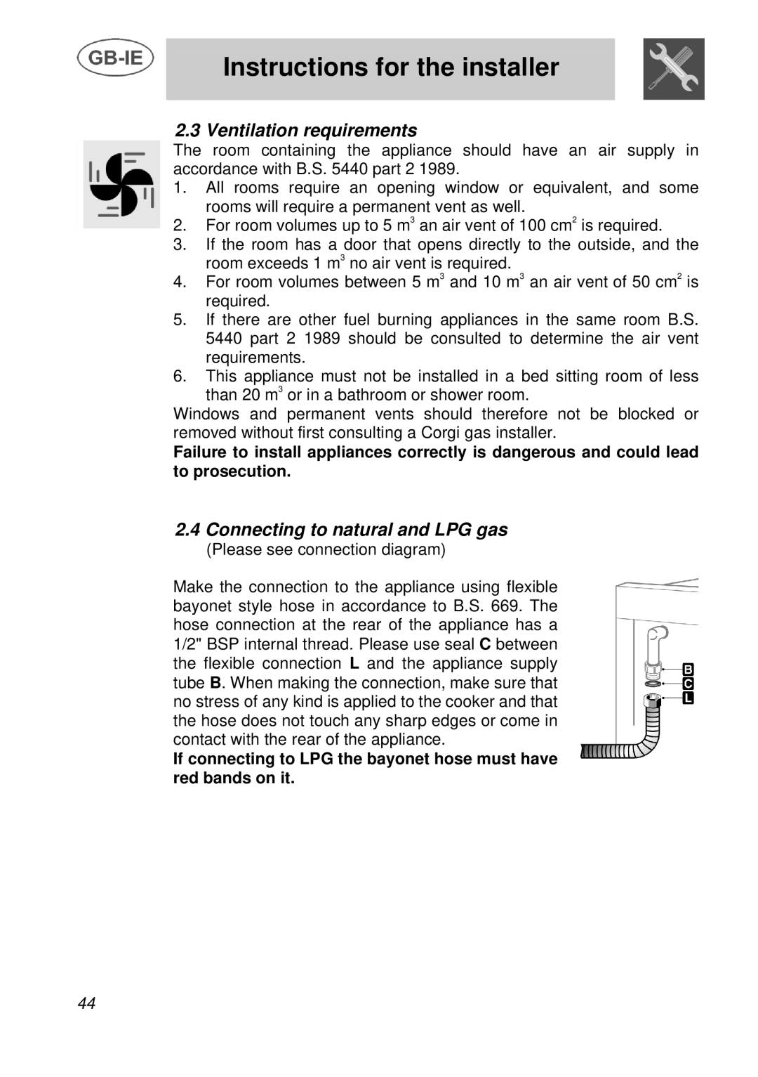 Smeg A3 manual Ventilation requirements, Connecting to natural and LPG gas 