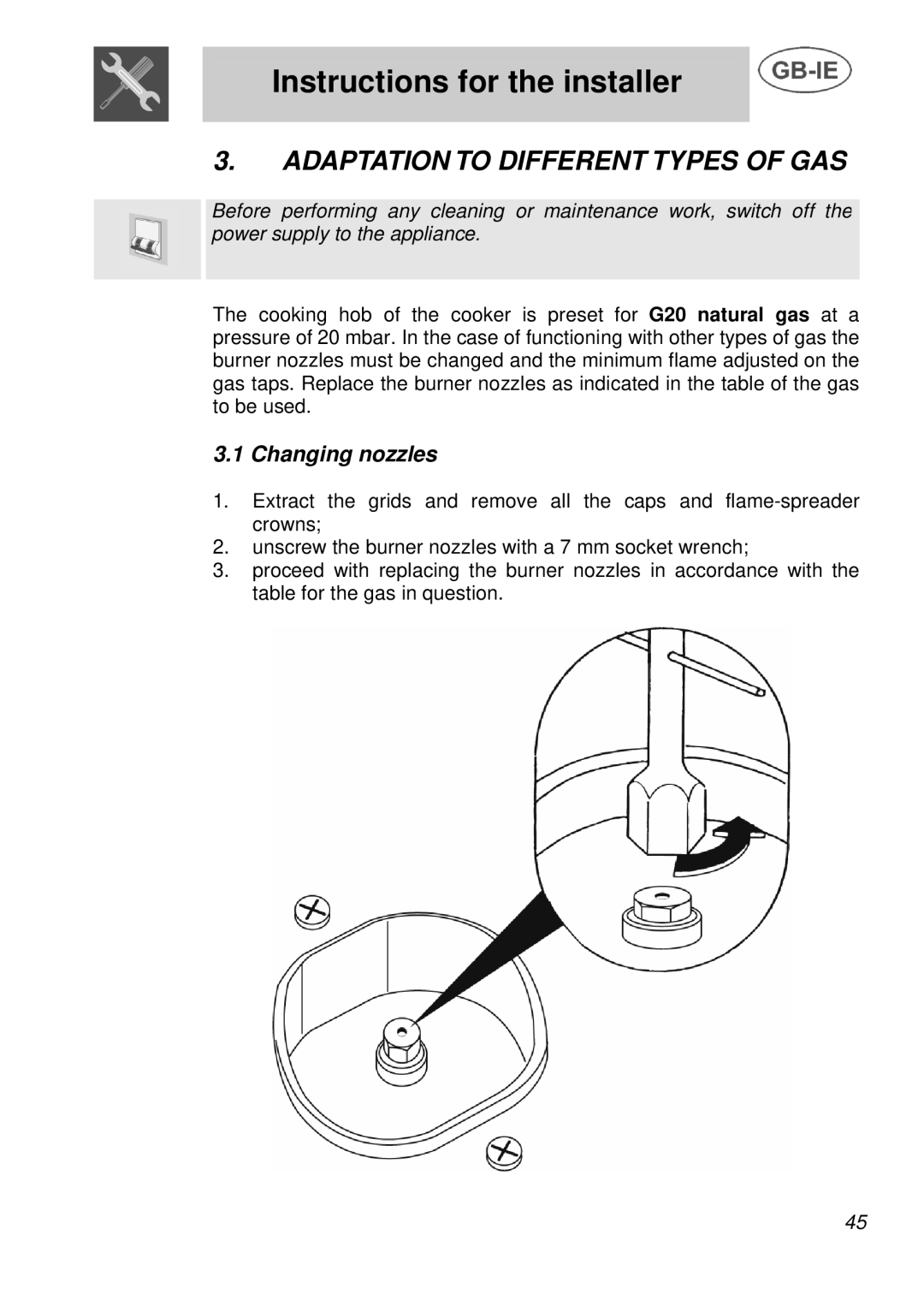 Smeg A3 manual Adaptation to Different Types of GAS, Changing nozzles 