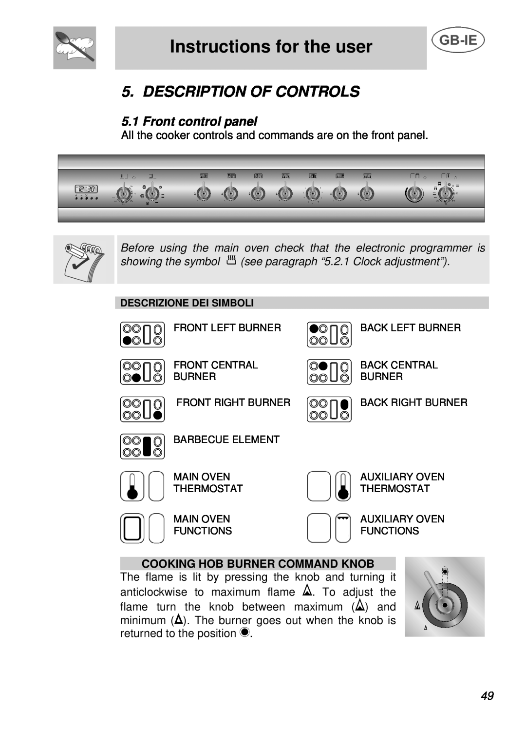 Smeg A3 manual Instructions for the user, Description Of Controls, Front control panel, Cooking Hob Burner Command Knob 