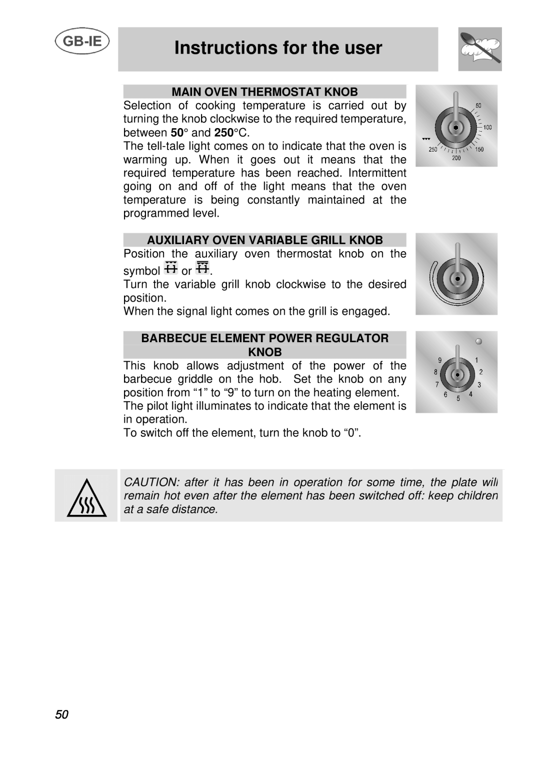 Smeg A3 manual Instructions for the user, Main Oven Thermostat Knob, Auxiliary Oven Variable Grill Knob 