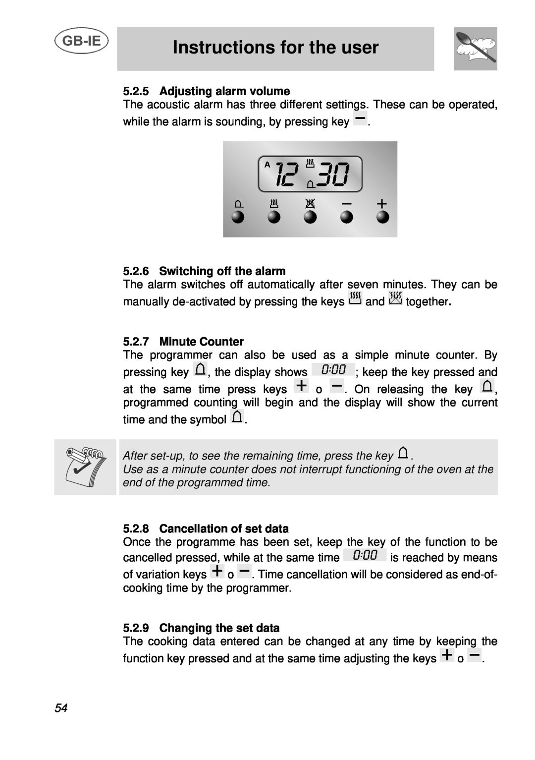 Smeg A3 Instructions for the user, Adjusting alarm volume, Switching off the alarm, Minute Counter, Changing the set data 