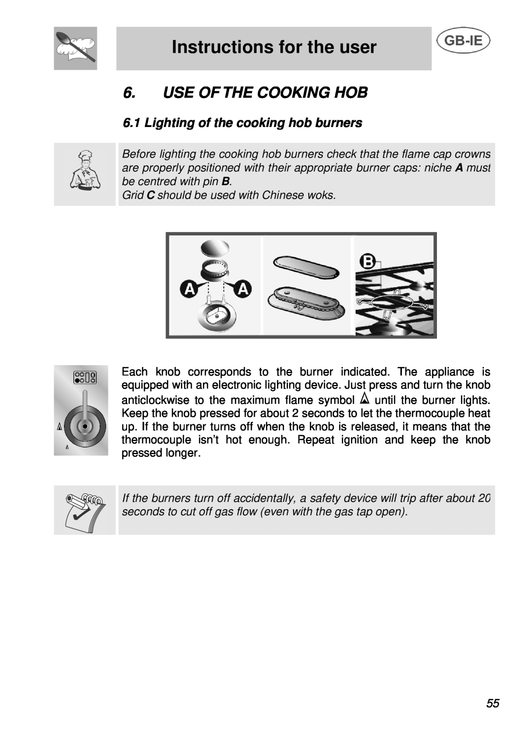 Smeg A3 manual Use Of The Cooking Hob, Lighting of the cooking hob burners, Instructions for the user 