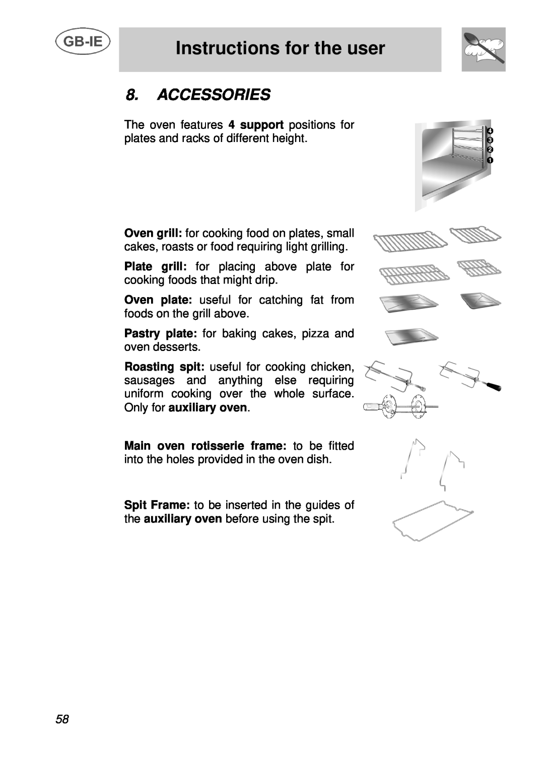 Smeg A3 manual Accessories, Instructions for the user 