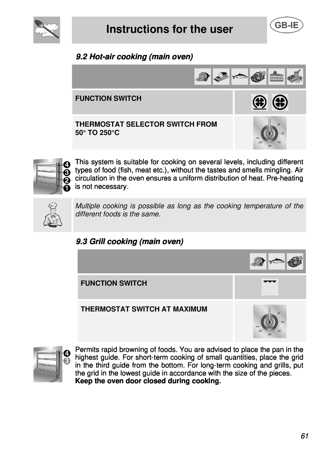 Smeg A3 manual Hot-air cooking main oven, Grill cooking main oven, Instructions for the user 