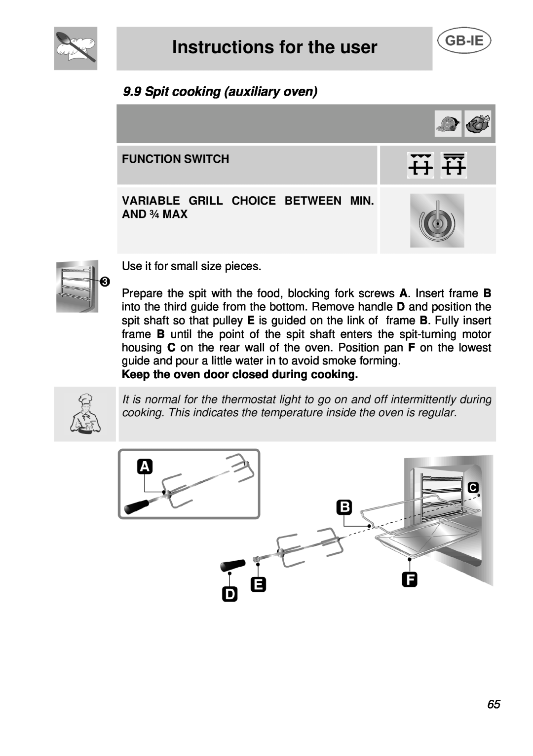 Smeg A3 manual Spit cooking auxiliary oven, Instructions for the user, Keep the oven door closed during cooking 