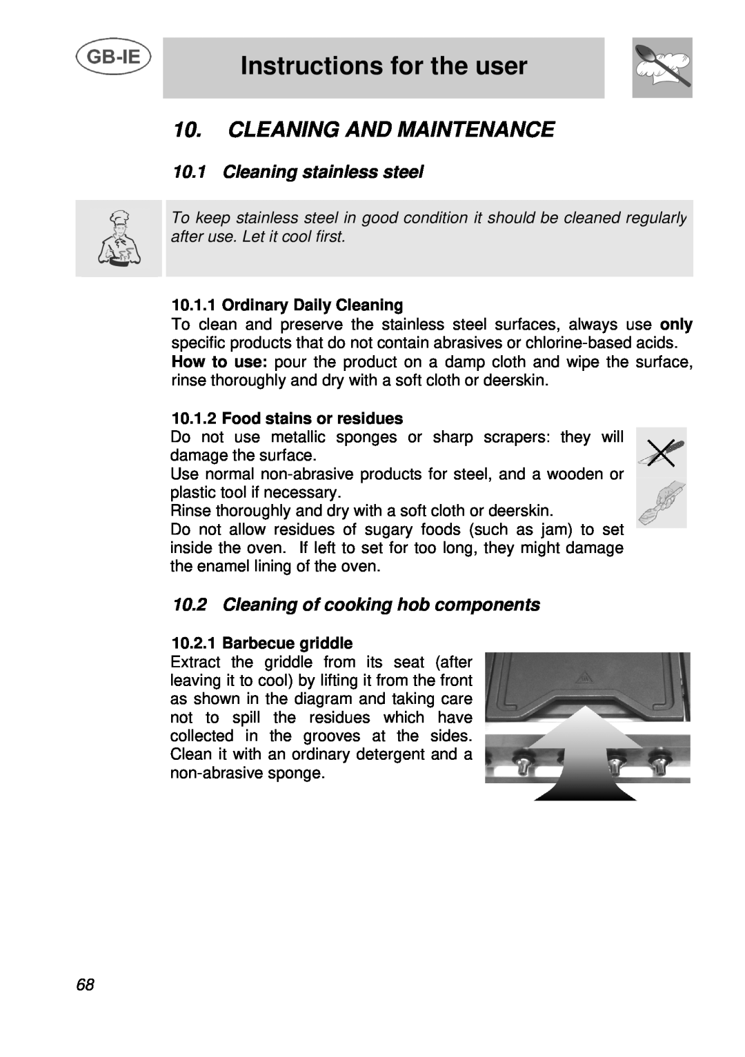 Smeg A3 Cleaning And Maintenance, Cleaning stainless steel, Cleaning of cooking hob components, Instructions for the user 