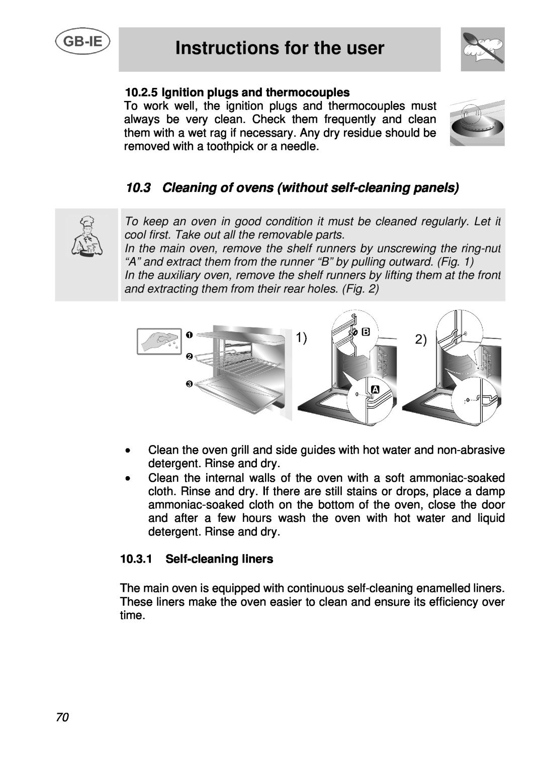 Smeg A3 manual Cleaning of ovens without self-cleaning panels, Instructions for the user, Ignition plugs and thermocouples 