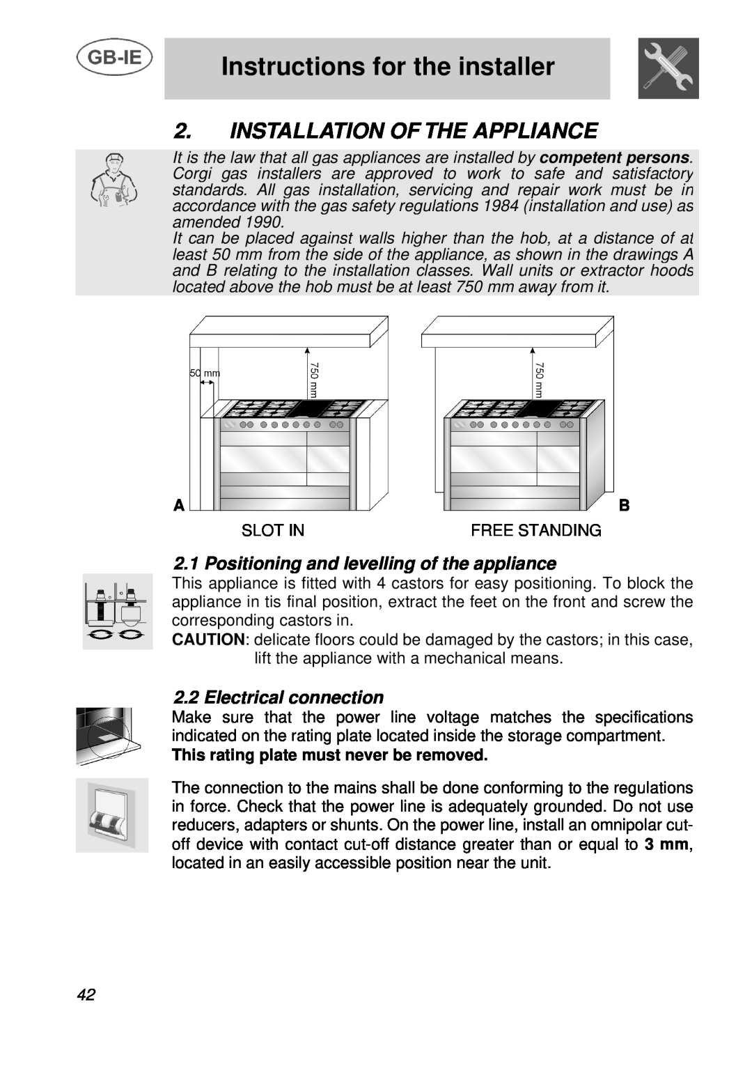 Smeg A3 Instructions for the installer, Installation Of The Appliance, Positioning and levelling of the appliance, A B 