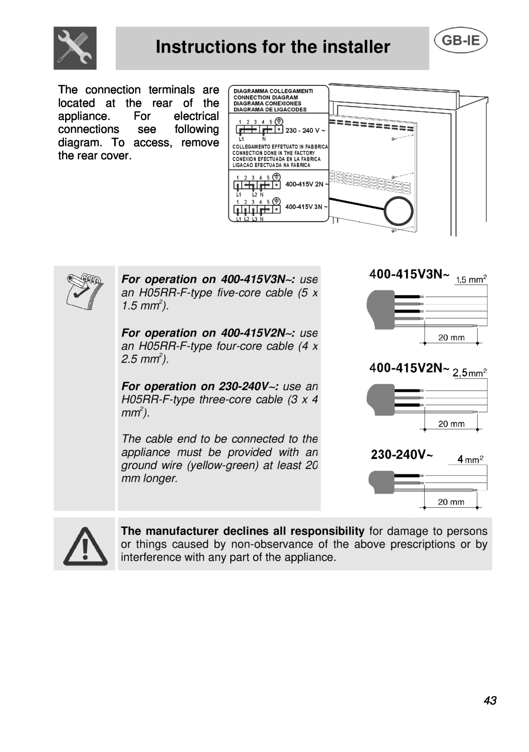 Smeg A3 manual Instructions for the installer, For operation on 230-240V∼ use an, H05RR-F-type three-core cable 3 x 4 mm2 
