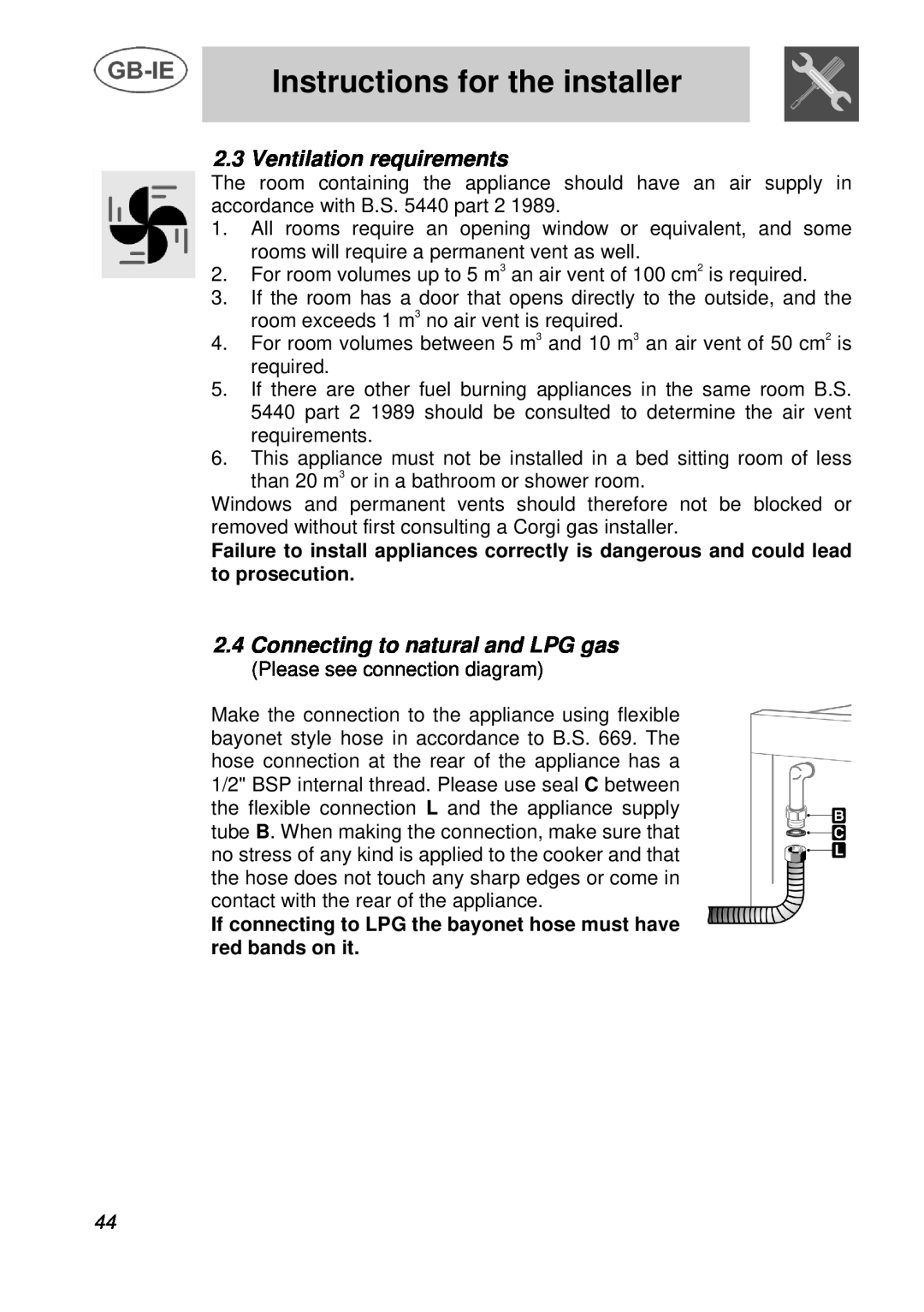 Smeg A3 manual Ventilation requirements, Connecting to natural and LPG gas, Instructions for the installer 