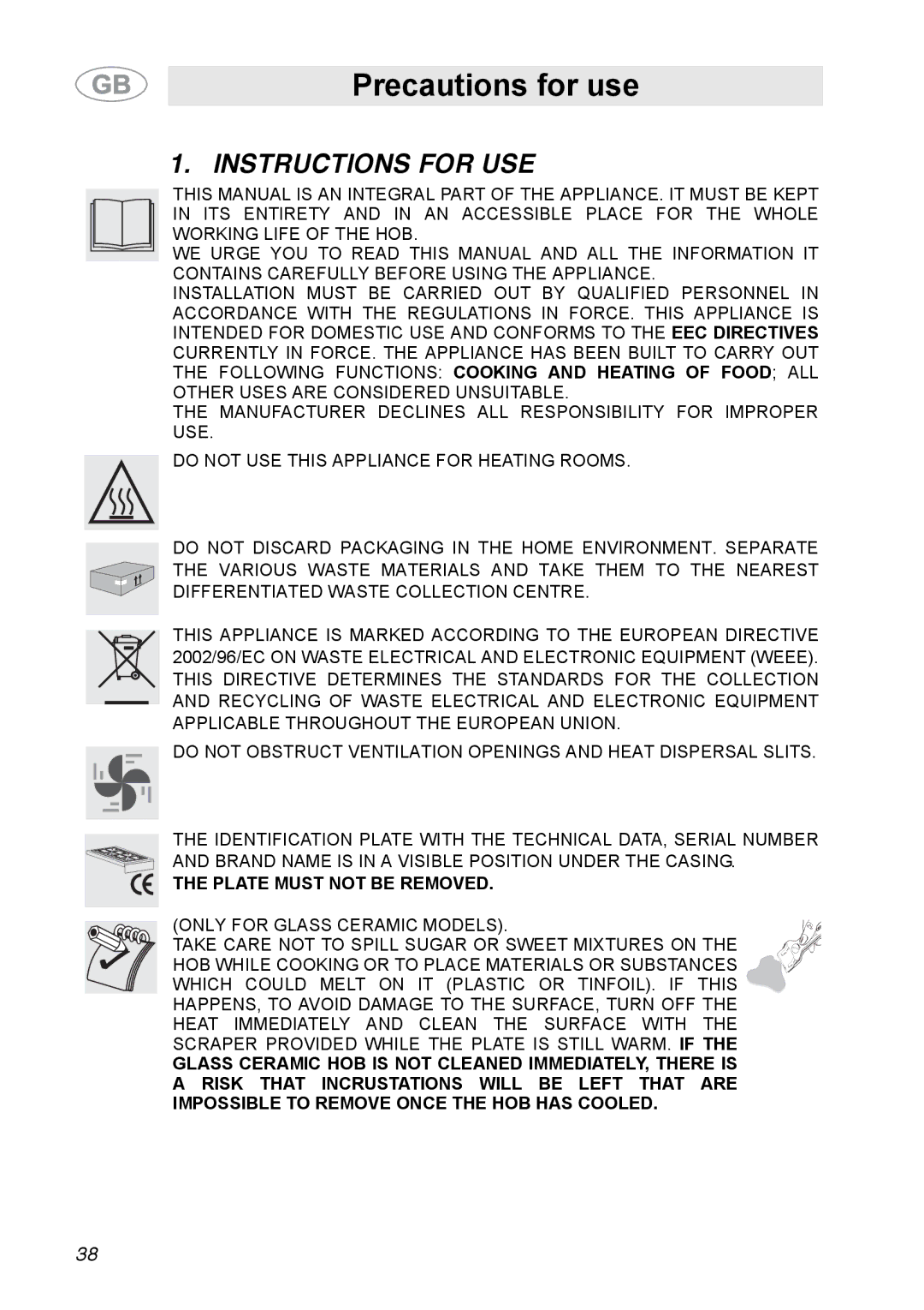 Smeg A31G7IXIA manual Precautions for use, Instructions for USE 