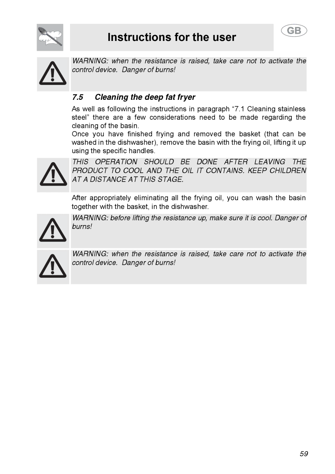 Smeg A31G7IXIA manual Cleaning the deep fat fryer 