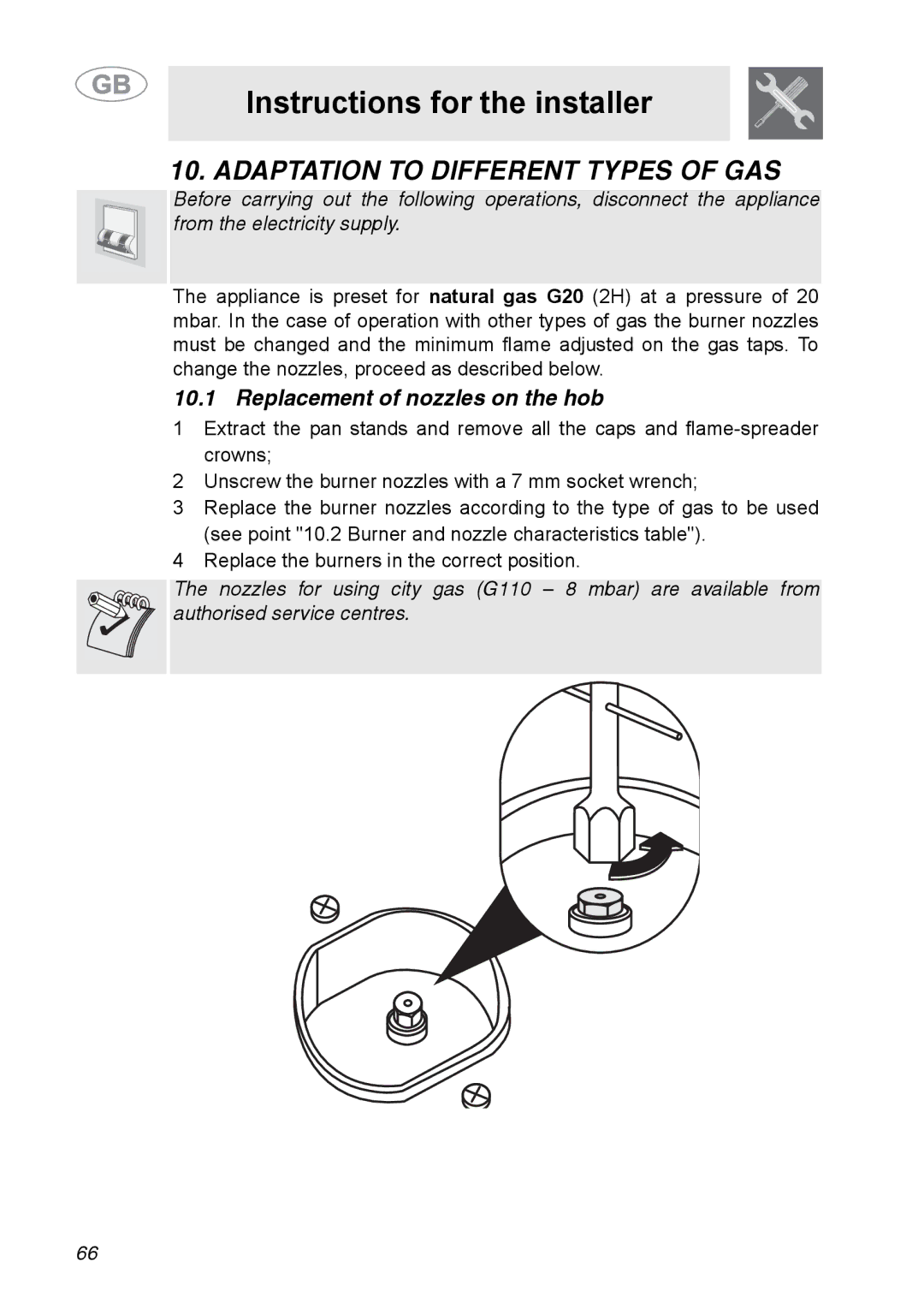 Smeg A31G7IXIA manual Adaptation to Different Types of GAS, Replacement of nozzles on the hob 