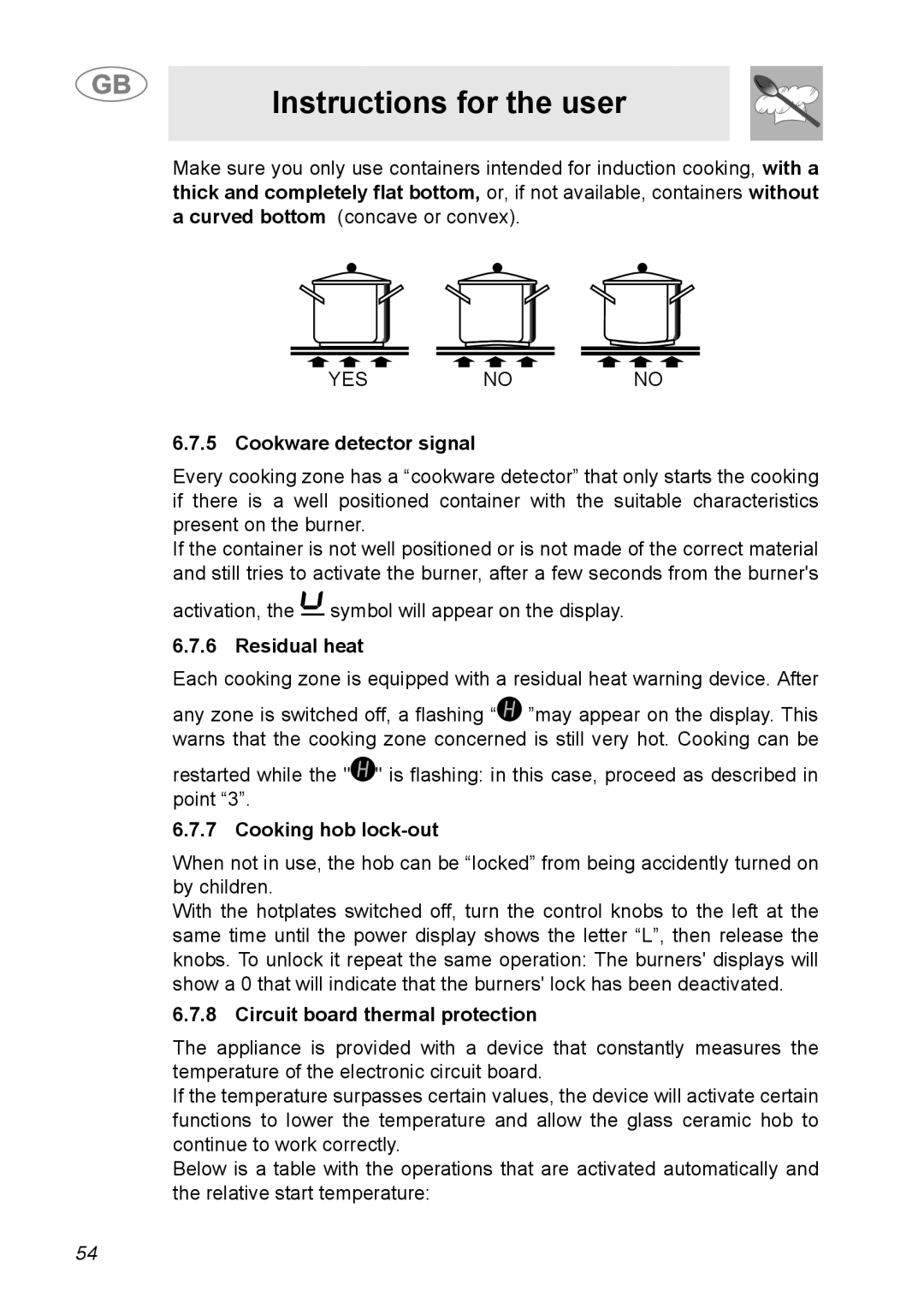 Smeg A31G7IXIA manual Instructions for the user, Cookware detector signal, Residual heat, Cooking hob lock-out 