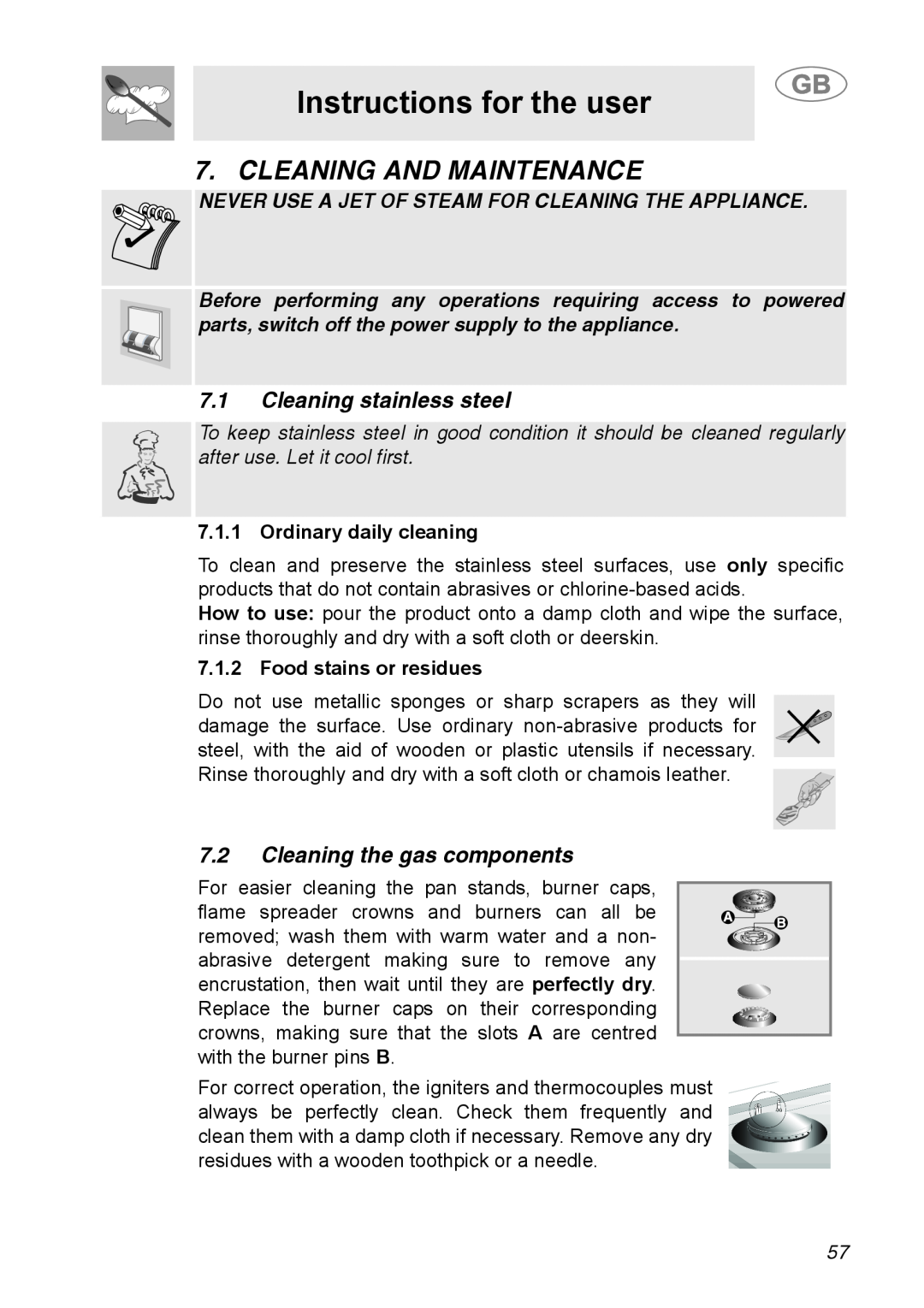 Smeg A31G7IXIA Cleaning And Maintenance, Instructions for the user, Cleaning stainless steel, Cleaning the gas components 