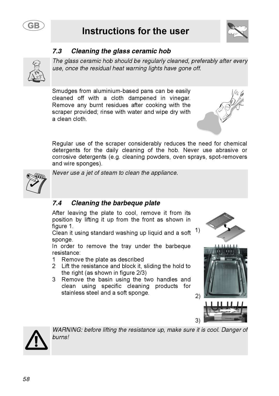 Smeg A31G7IXIA manual Instructions for the user, Cleaning the glass ceramic hob, Cleaning the barbeque plate 