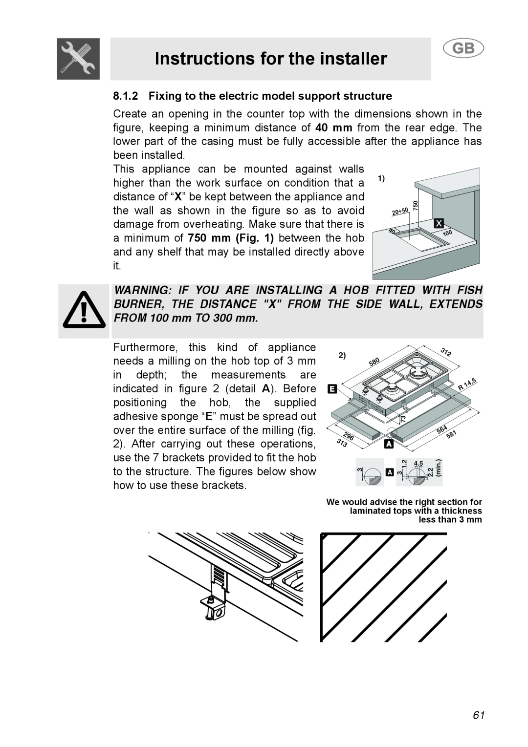 Smeg A31G7IXIA manual Instructions for the installer, Fixing to the electric model support structure 